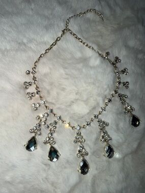 Crystal Teardrop Statement Necklace - Silver Tone